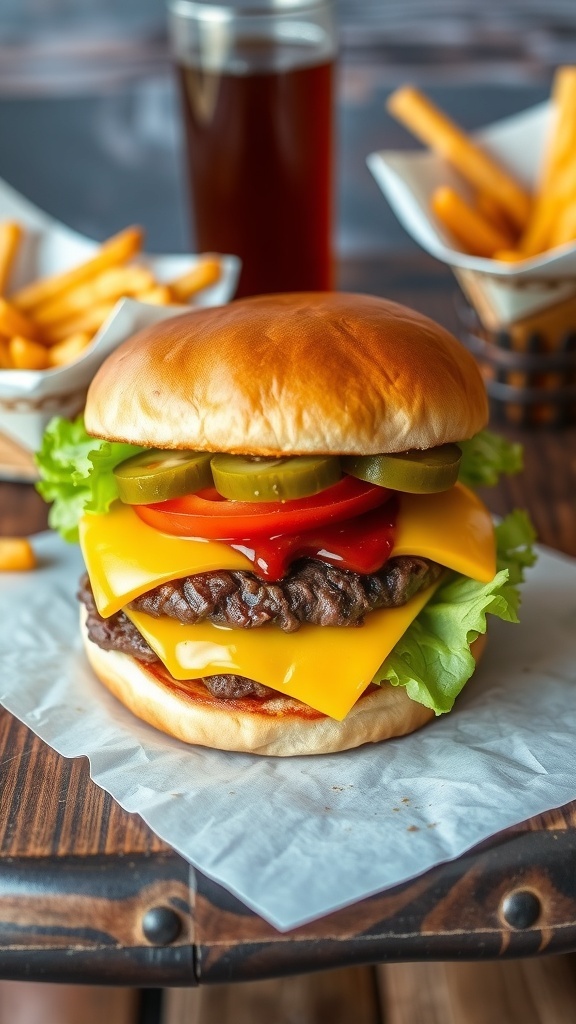 A classic cheeseburger with beef patty, cheddar cheese, lettuce, tomato, and pickles on a toasted bun, served with fries.